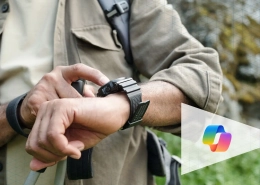 Person in hiking attire checks a black sport watch on their wrist outdoors, with greenery in the background and a geometric overlay.