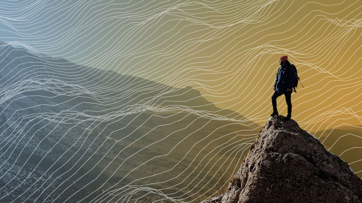 Hiker stands on a rocky peak overlooking a valley with abstract contour lines across the scene.