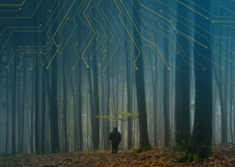 A solitary person walks down a misty forest path as tall trees surround them, with yellow circuit-like lines across the treetops suggesting technology blending with nature.